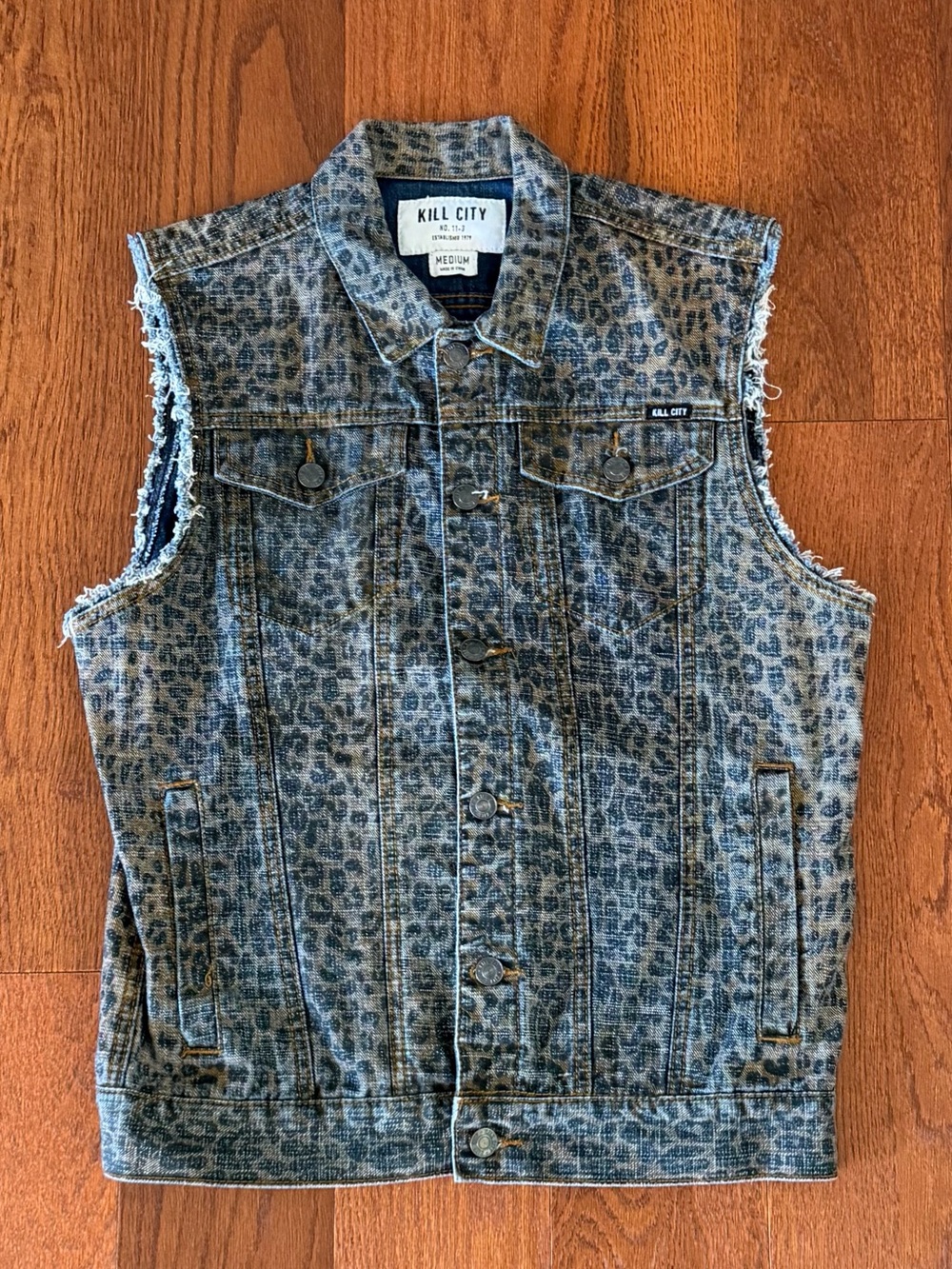 Kill City Leopard Print Distressed Denim Trucker Vest M